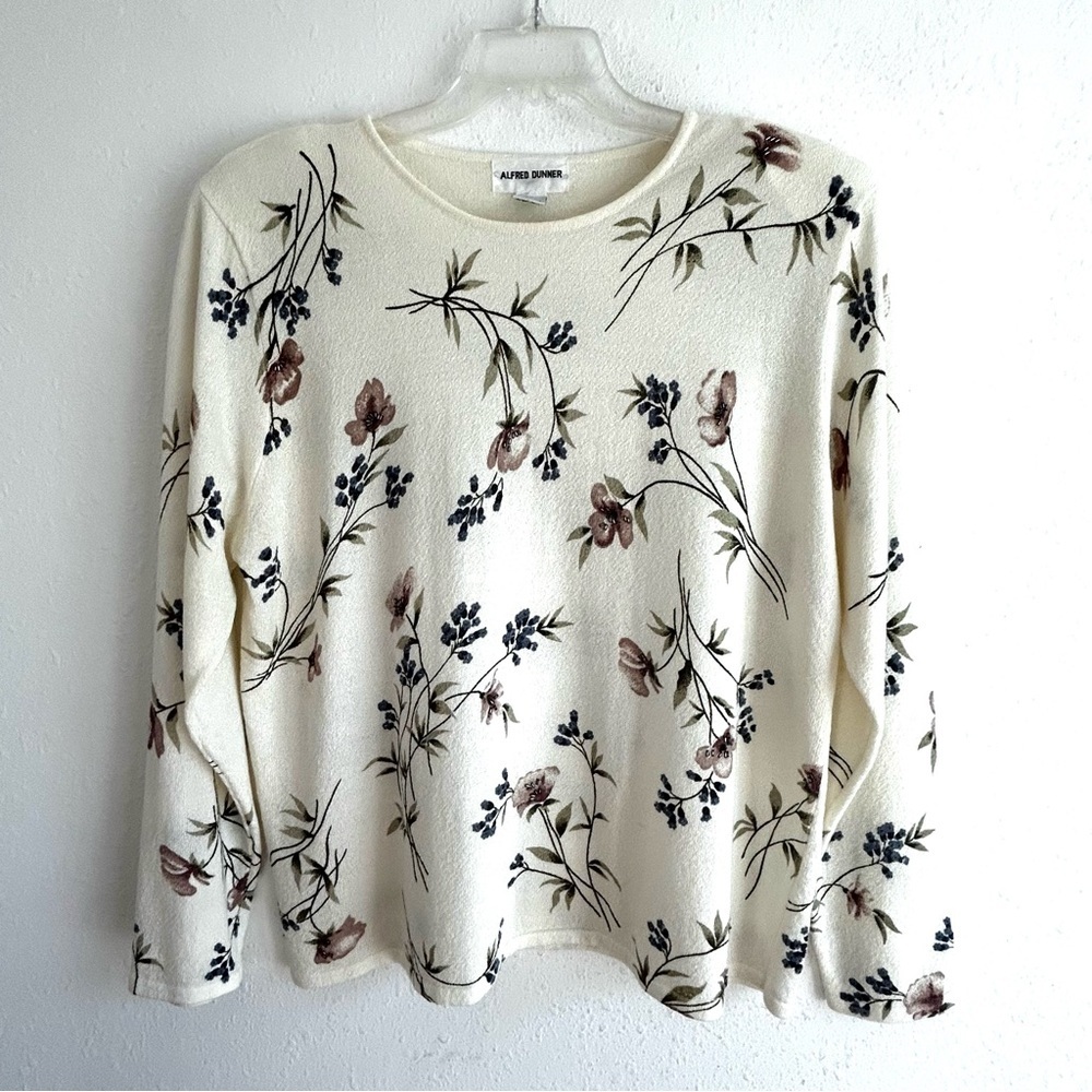 Alfred Dunner Floral Print Top Women's Size XL Ivory Embellished Knit